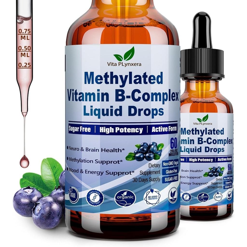 Methylated B Complex Liquid Drop Complete 9-in-1 Methyl B Vitamins w. B12 Methylfolate Inositol Chol