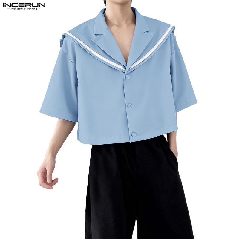 เสื้อแขนสั้นผู้ชายสไตล์เกาหลี.preppy แบบทหารเรือ ดีไซน์คอนทราสต์และกระชับ.getBody>