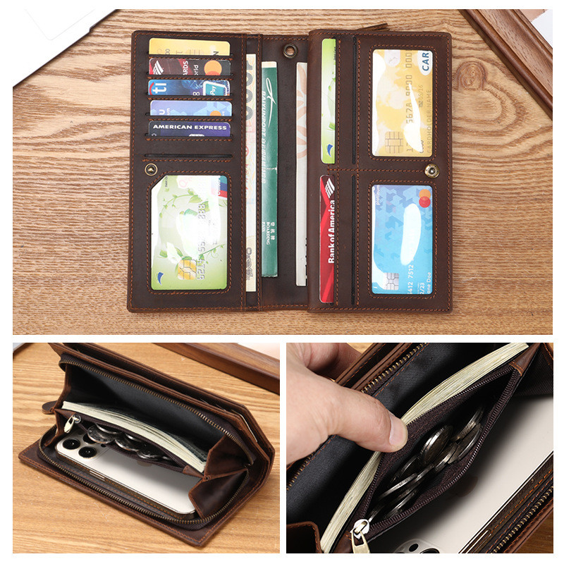 พร้อมสต็อกจัดส่งที่รวดเร็ว RFID ป้องกันการโจรกรรมแปรงกระเป๋าสตางค์ผู้ชายหนังยาวยุโรปอเมริกันย้อนยุคข้ามพรมแดนผู้ชายกระเป๋าสตางค์แนวตั้งพร็อพ02 - รูปที่ 4