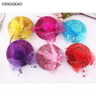 OXXGGKAO หมวก Fascinator สไตล์ปาร์ตี้ ประดับด้วยดอกไม้และกลิตเตอร์สำหรับสาวๆ