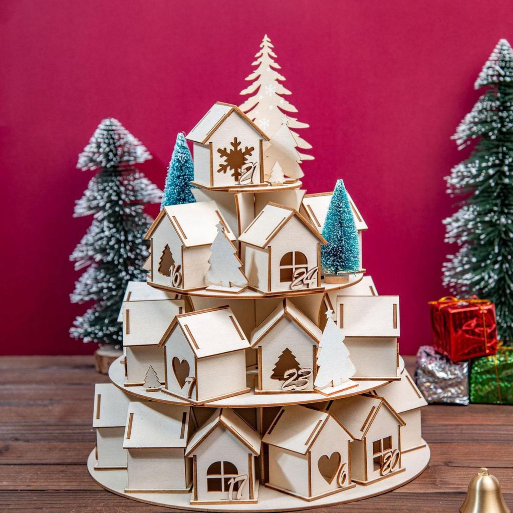 [Whgirld8] Christmas Advent ปฏิทินไม้ 3D House Supplies Party Decor เครื่องประดับห่อกล่องนํากลับมาใช