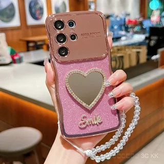สาว กันกระแทก ตัวเคสใสมีกระจกหัวใจและสร้อยข้อมือ ลวดลายคลื่นแวววาว หุ้มทั้งเครื่อง สำหรับSamsung S25 Ultra 24 23 22 EF
