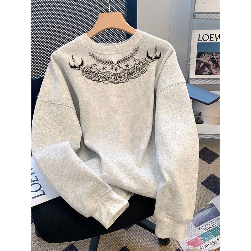 Overseas Retract ~ American Retro พิมพ์เสื้อขนแกะหนัก Street สไตล์หลวมรอบคอ U8DR