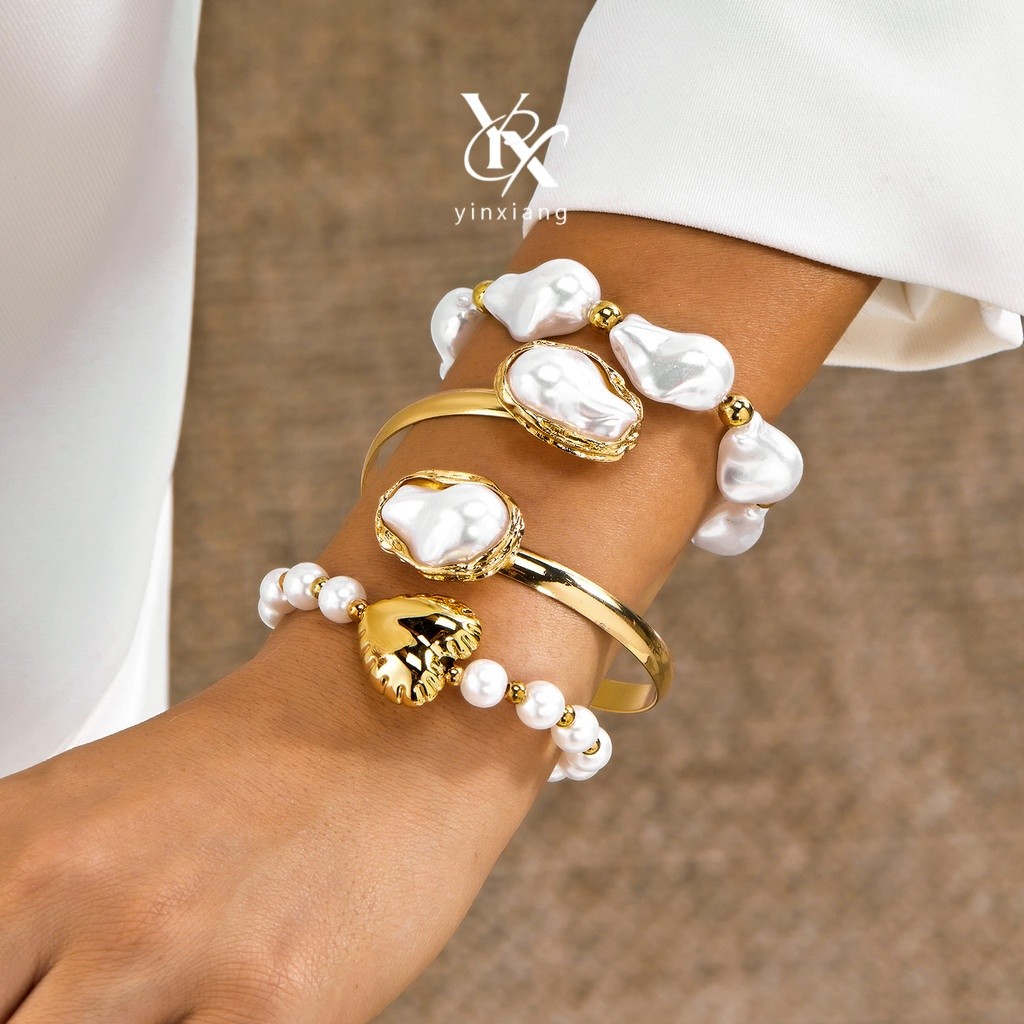 สร้อยข้อมือ YX Bold Ruffled Heart Baroque Pearl 3 ชิ้น เครื่องประดับสไตล์ Y2K สำหรับผู้หญิง สวยงามแล