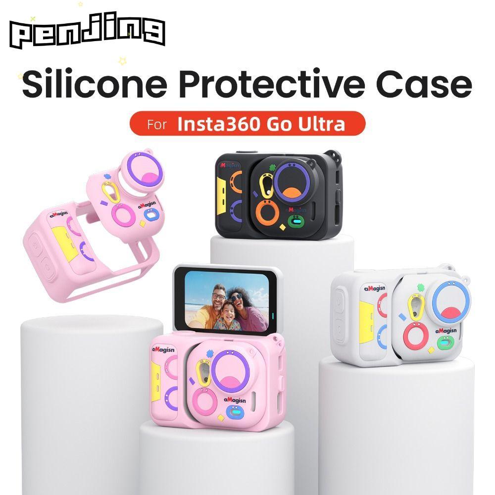 PENJING ป้องกัน , ตัวป้องกันกล้อง Coloful ป้องกันรอยขีดข่วน, ซิลิโคนครอบคลุมเต็มรูปแบบพร้อมฝาครอบเลนส์เชือกป้องกันการสูญหายสําหรับ Insta360 Go Ultra Action อุปกรณ์เสริมกล้อง