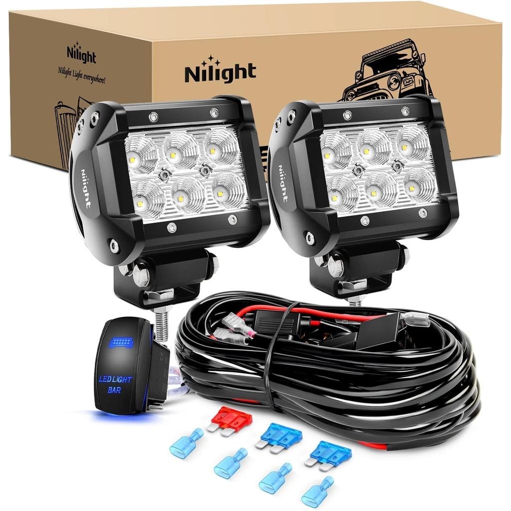 Nilight LED Light Bar 2PCS 18W น้ําท่วมไฟ Off Road 12V 5Pin Rocker Switch ชุดสายไฟ,รับประกัน 2 ปี,ใส