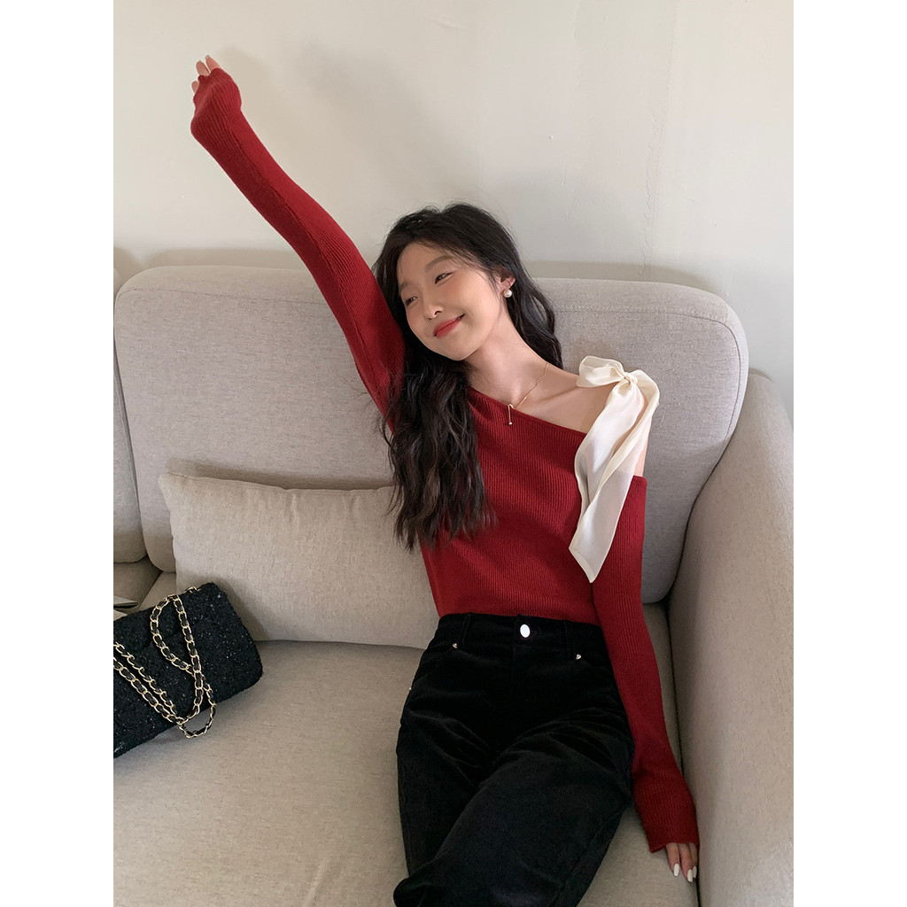 MERAH Verve ตู้เสื้อผ้าเสื้อถักเปิดไหล่สําหรับผู้หญิงพร้อมเข็มขัดสไตล์เกาหลีฤดูใบไม้ร่วงเสื้อแขนยาวส