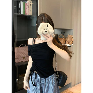 Vogue🌟พร้อมส่ง🌟 เสื้อแขนสั้นเปิดไหล่ ใส่สบายสีพาสเทล ทรงรัดรูป ผ้านุ่มนิ่ม (FY2542)
