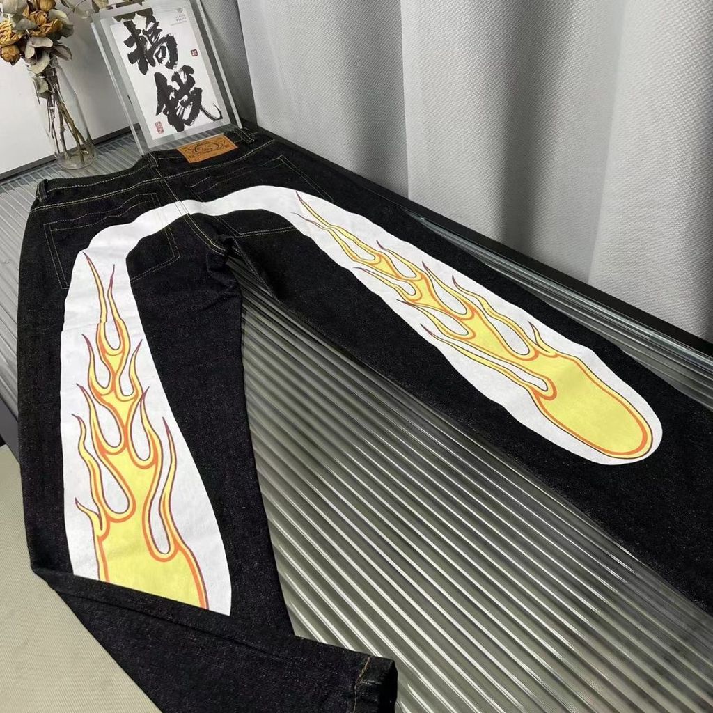 กางเกงยีนทรงกระบอกปักลายสำหรับผู้ชายแบรนด์ Evisu