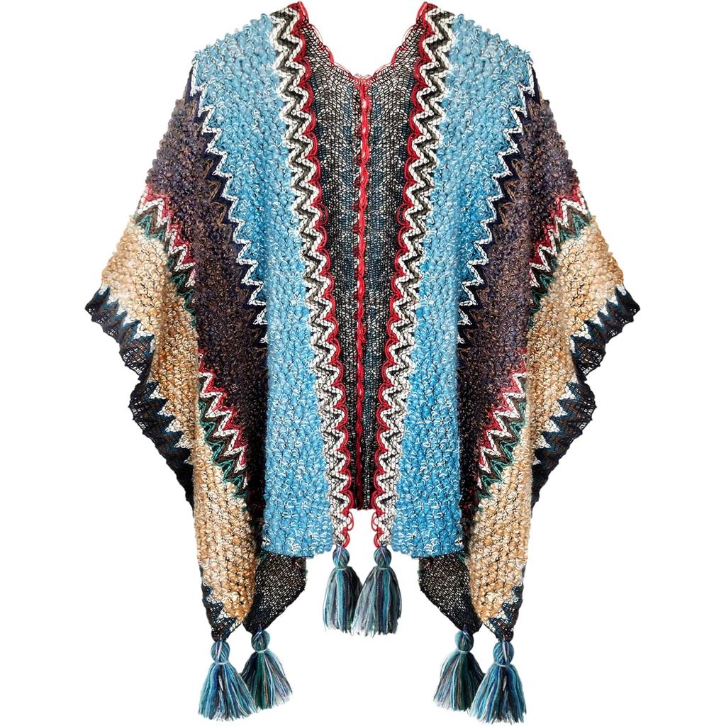 Urban CoCo Women's knit Vintage Ethnic Tassel stripe Poncho Shawl
