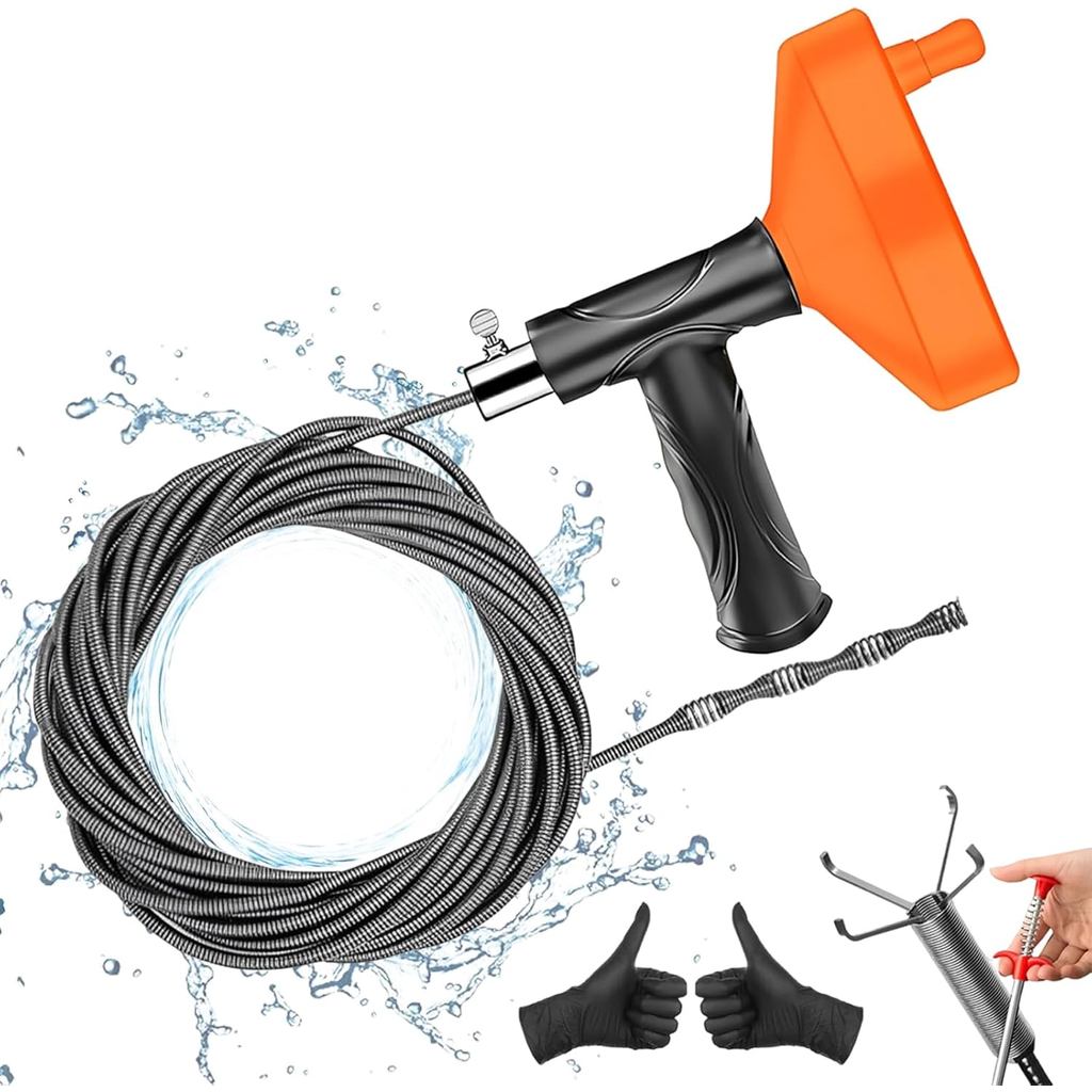 Drain Snake Auger 33 Feet, Plumbing Snake Drain Hair Clog Removal Tool, Heavy Duty Toilet Snake Auge