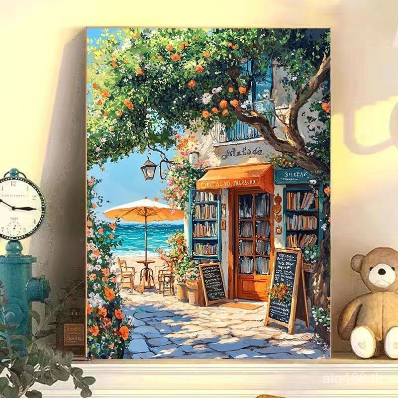 West Seaside Handmade diy ภาพวาดสีน้ํามันตกแต่ง Decompression Series Bookstore ภาพวาดดิจิตอลบรรจุภาพ