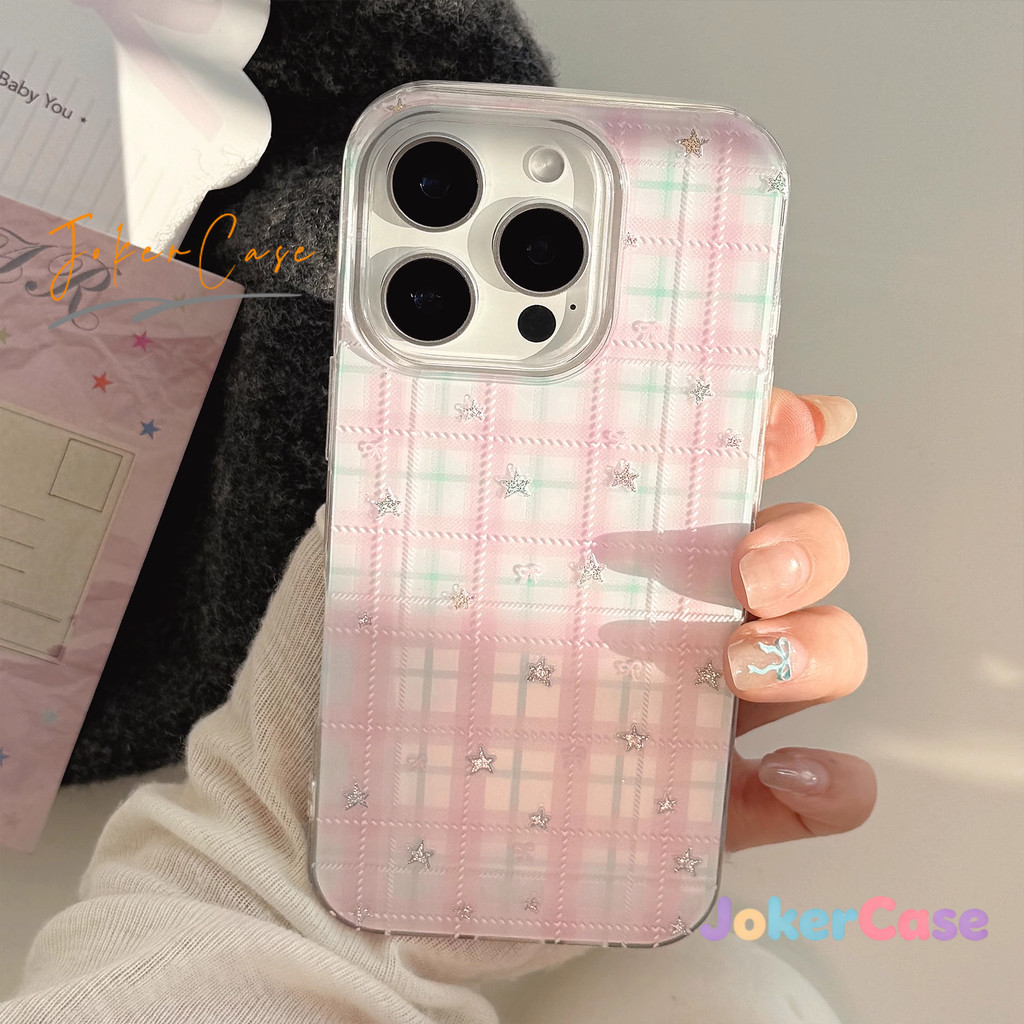 ใช้ได้กับ IPhone 17 13 16 12 14 15 11 Pro Max 16 13 11 17 15 Pro 16 14 15 Plus เคสโทรศัพท์ลายดาวตารางหมากรุกสีชมพูหวาน