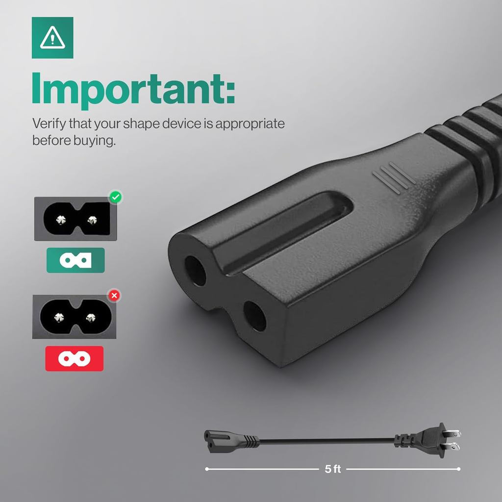 2 Prong Polarized 5Ft Power Cord C7 Connector AC Power Cable Replacement for Vizio D-E-M Series TV, 