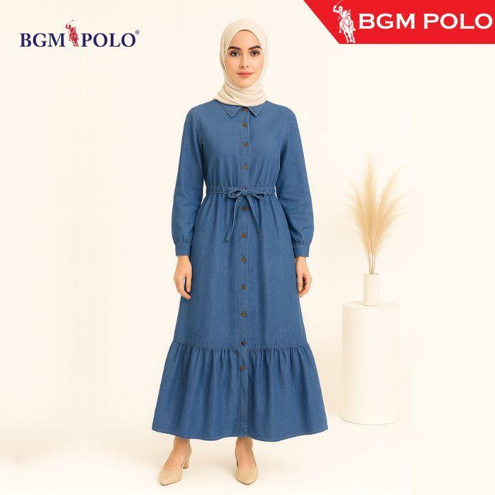 BGM POLO WOMAN DRESS DENIM LONG DRESS TALI KEMBANG BAWAH BP-DKB455WT-RJ1 เสื้อผ้าผู้หญิง Crinkle