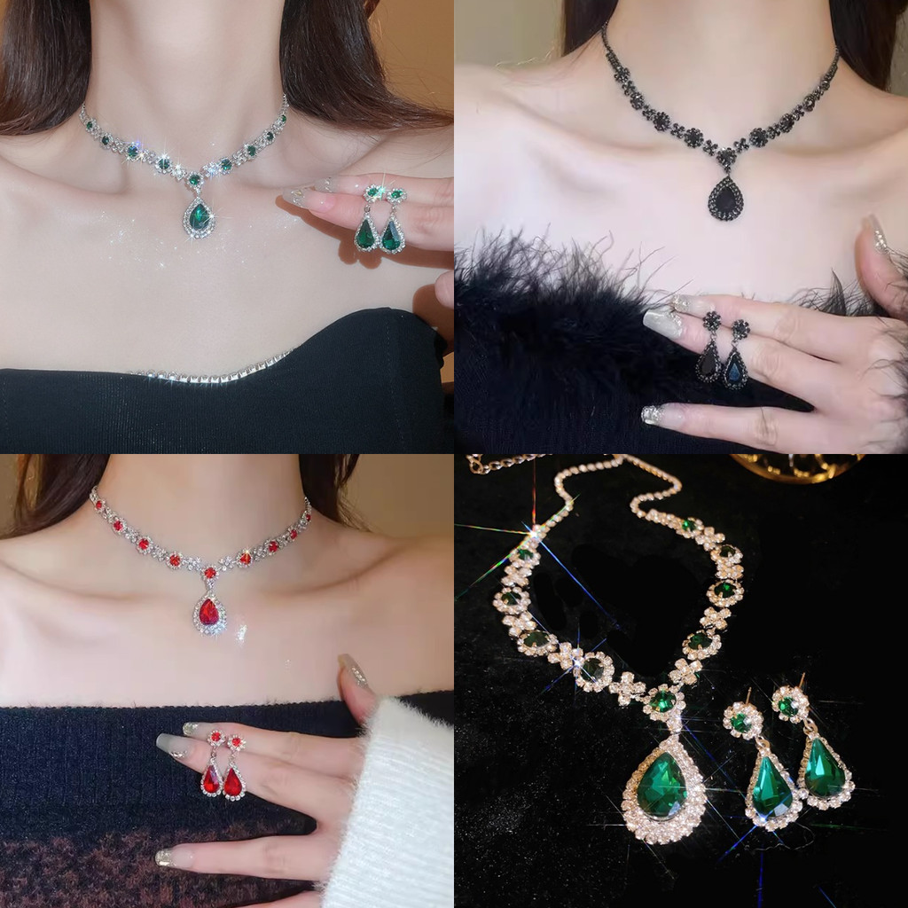 เครื่องประดับชุดหรูสำหรับชุดราตรี ประกอบด้วยจี้อัญมณี สร้อยคอ และต่างหู ดีไซน์ประณีต ราคาไม่แพง
