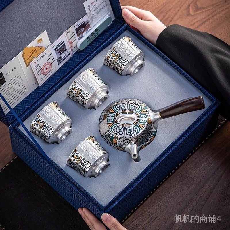 Cultural Creative 999 Gilt Silver Kung Fu ชุดชา High-End หรูหราในครัวเรือนกาน้ําชา Teacup ของขวัญวัน