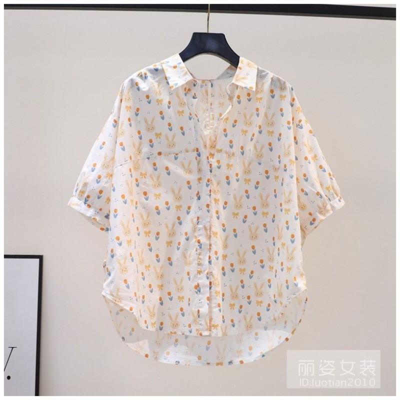 สดชื่น กระต่าย ลายพิมพ์ เสื้อเชิ้ต เสื้อแขนสั้น แฟชั่น ผ่อนปรน ผอมเพรียว