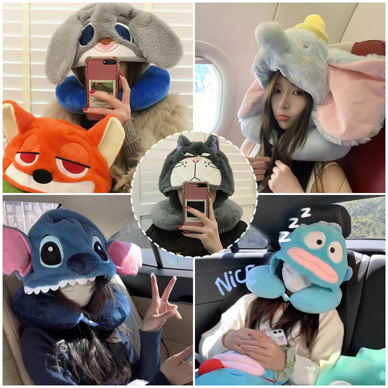 COD หมอนรูปการ์ตูน หมอนรองคอ ทรง U หมอนรองคอมีหมวก หน่วยความจำยืดหยุ่นนุ่มสบาย เหมาะสำหรับการเดินทาง