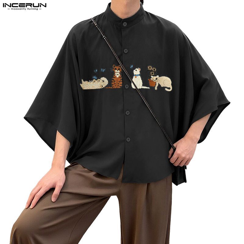 เสื้อเชิ๊ตชาย สไตล์เกาหลีวินเทจ แขน3/4 มีการประดิดประดอยลายสัตว์และปุ่มสวยงาม