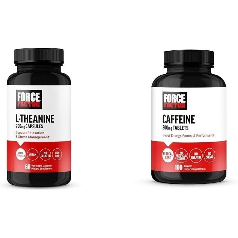 Force Factor L-Theanine 200 มก. และ Caffeine 200 มก. ชุดอาหารเสริมสําหรับความเครียดบรรเทา พลังงาน โฟ