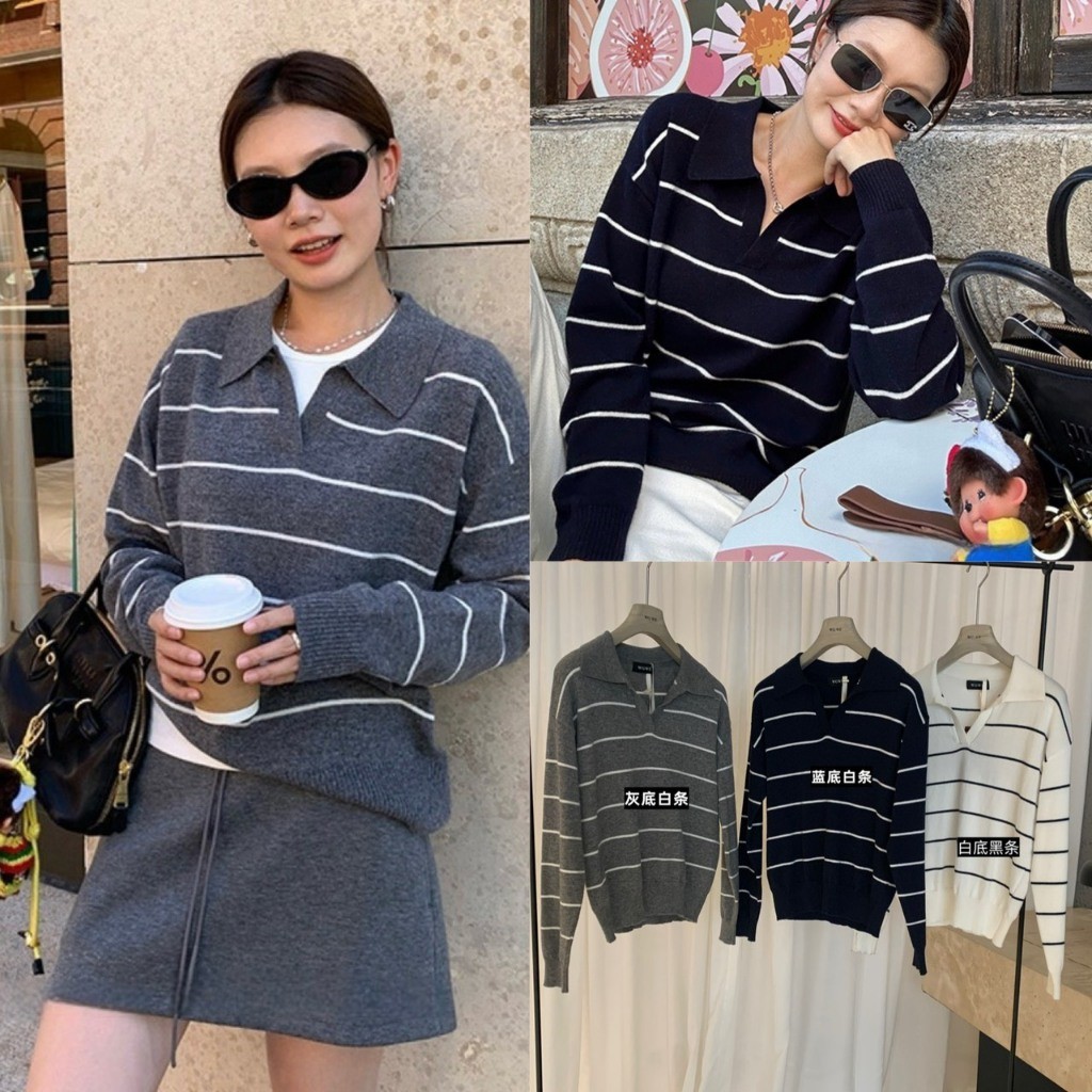 ❤ 🧵 🇰🇷 W7946 เสื้อแขนยาวคอปก ลายขวาง แขนยาว ผ้าทอเนื้อนิ่ม  แฟชั่นเกาหลี TAG WG.WE 🧵🧡