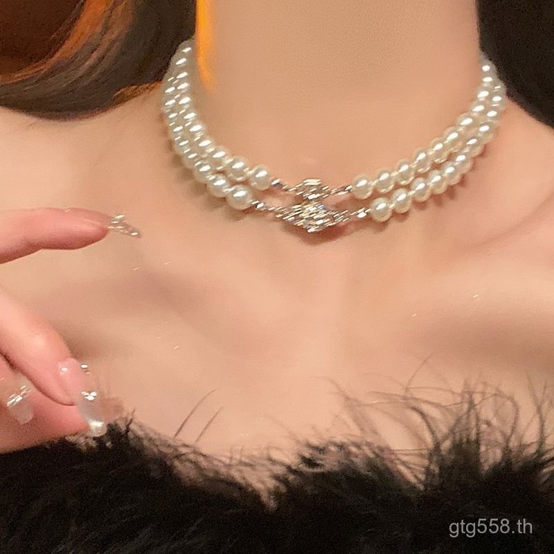 สร้อยคอสตรีหลายชั้นลายดาวเสาร์เพียร์ล แบบพรีเมียม VJ0Q