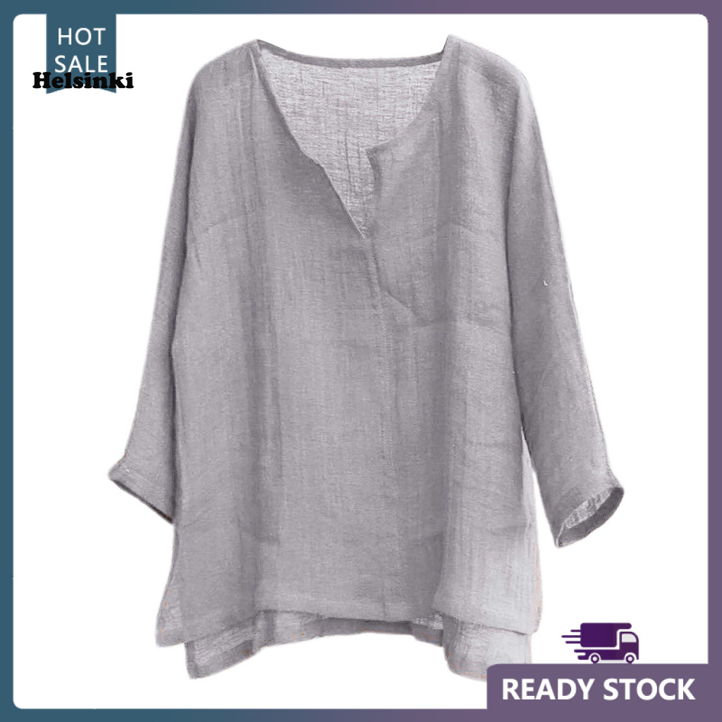 HLS เสื้อชายหาดแขนยาวสไตล์จีนบางสีทึบ V คอหลวมเสื้อผู้ชาย Streetwear