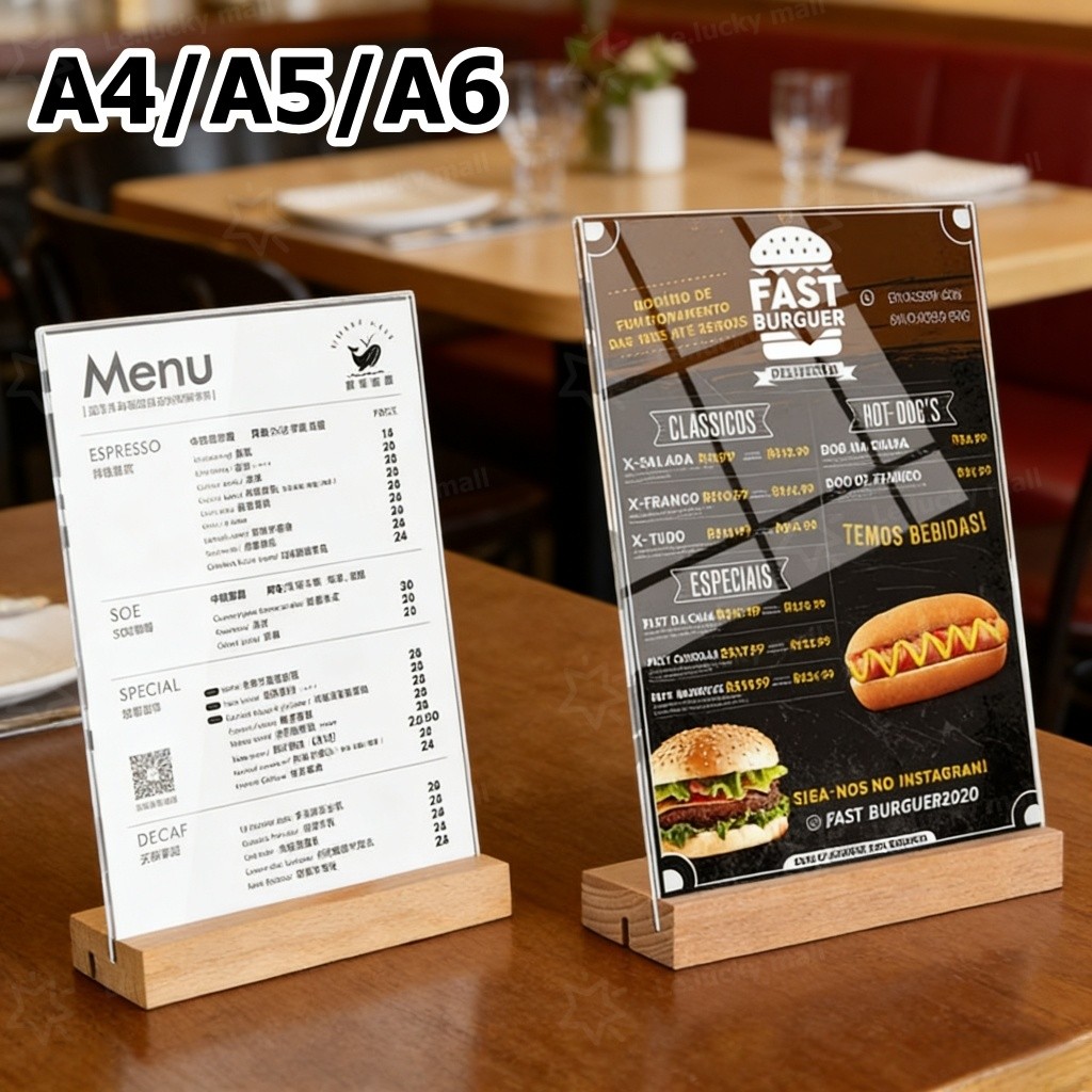 ป้ายฐานไม้ ป้ายอะคริลิค 2in1เฉียง/ตรง T-shape ขนาดA4/A5/A6 ฐานไม้ ป้ายราคา เมนู กรอบรูปอะคริลิก ป้ายตั้งโต๊ะ