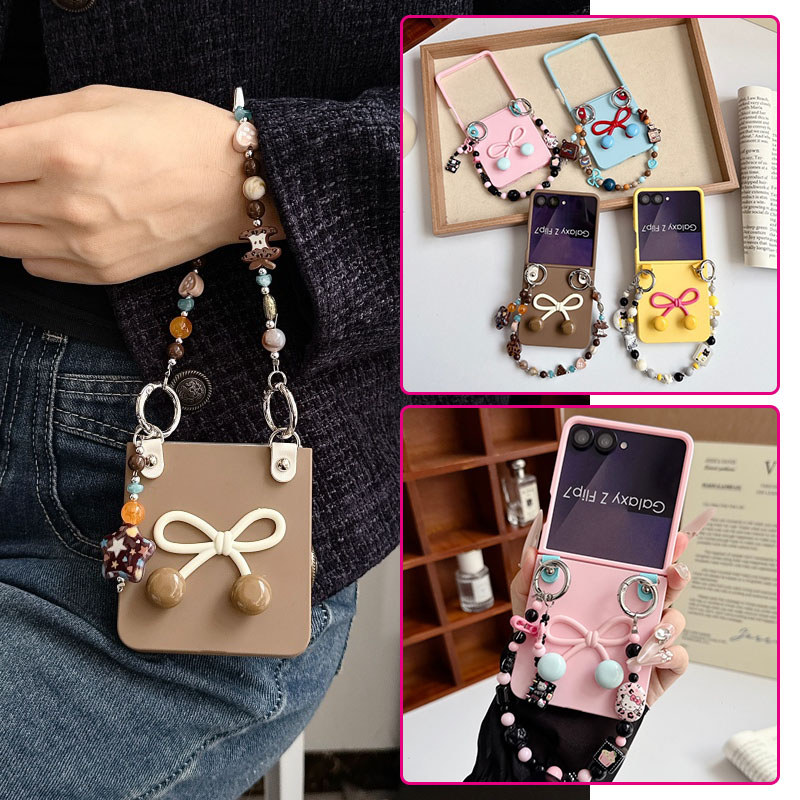 น่ารัก Bow Skin Candy สีเคสโทรศัพท์สําหรับ Samsung Galaxy Z Flip 7 Flip 7FE Z Flip 6 Z Flip 5 Z Flip 4 Z Flip 3 กรณีการ์ตูนสร้อยข้อมือลูกปัด Slim Hard Cover