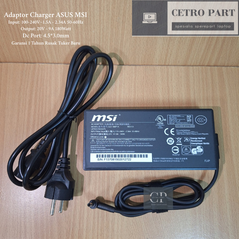 MSI GF76 GF66 GL66 GL76 GF75 Series 20V - 9A 180W Dc 4.5*3.0 มม.อะแดปเตอร์ชาร์จแล็ปท็อป -CP
