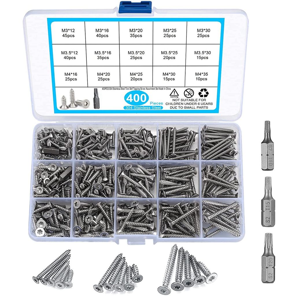400 Pcs M3/M3.5/M4 Wood Screws, Torx Head Pan Head Self Tapping Screws, Stainless Steel Flat Head Dr