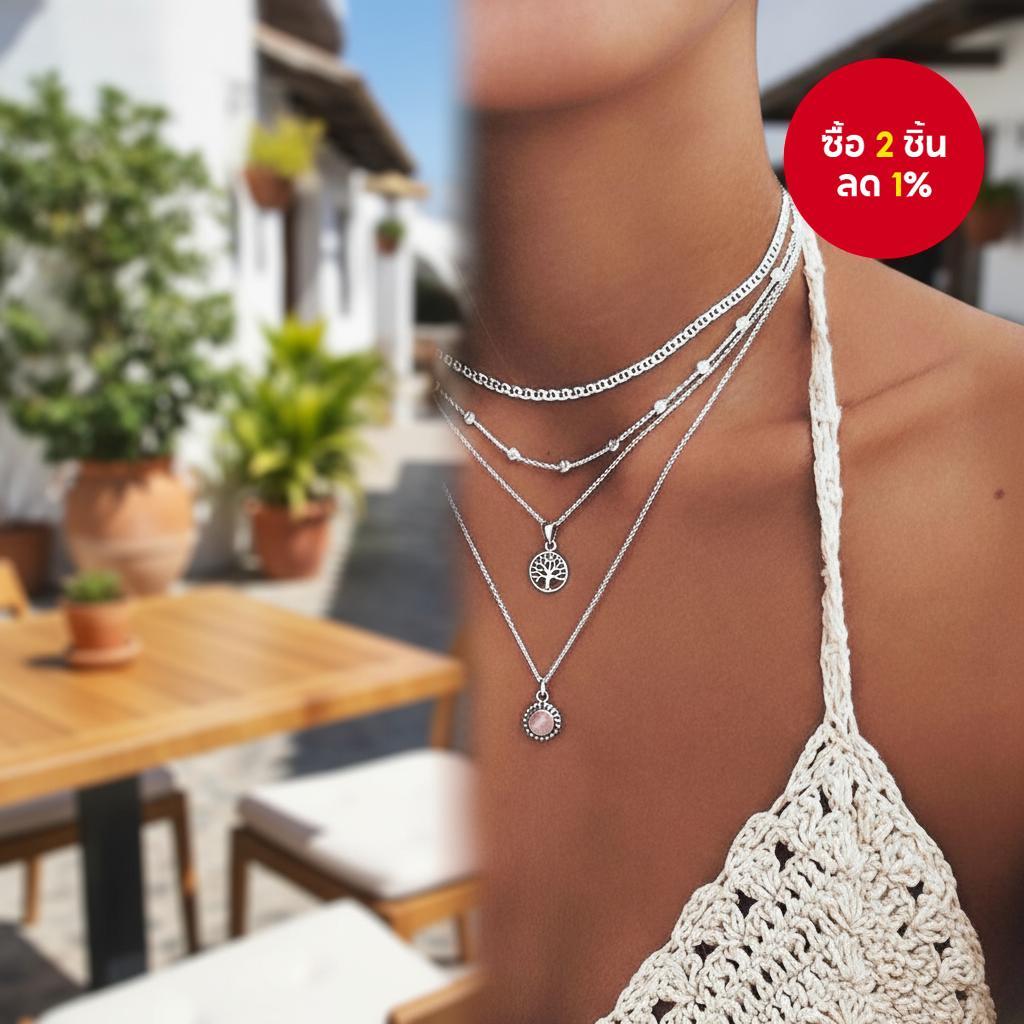 สร้อยคอโบโฮ 4 ชั้น สีเงิน Tree of Life เครื่องประดับหลายเส้น เหมาะสําหรับทุกโอกาส