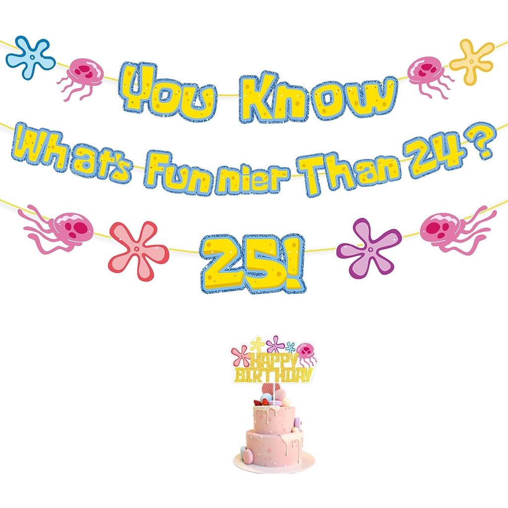 Yellow Glitter 25th Birthday Banner & Cake Topper Kit – Funny What’s Funnier Than 24 Quote Party Dec