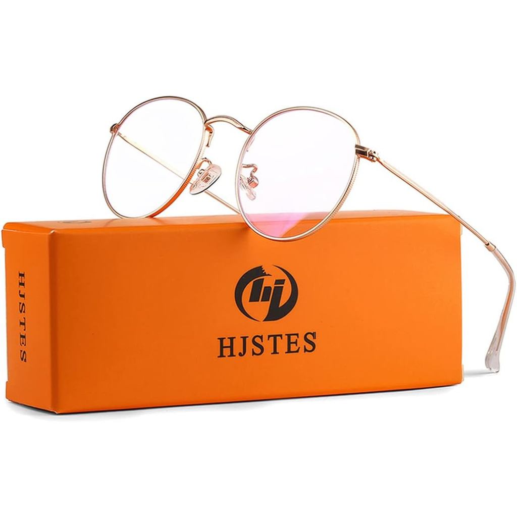 HJSTES Round Blue Light Glasses for Women Men Retro Circle Clear Lens Metal Frame Eyeglasses