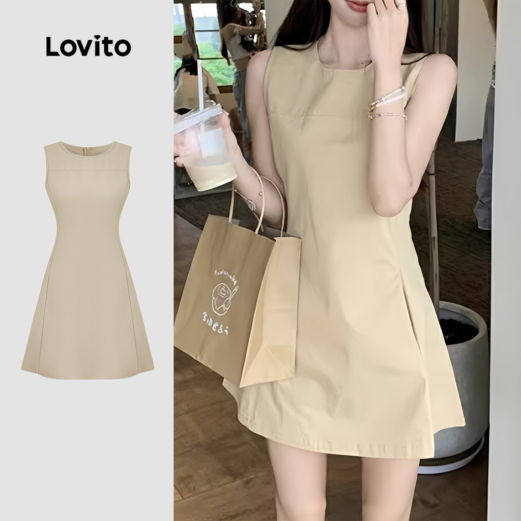 Lovito ชุดเดรสลำลองมีกระเป๋าซิป นุ่มสบาย เดรสสีกรมท่าสำหรับฤดูใบไม้ผลิ/ฤดูร้อนสำหรับผู้หญิง L137ED439