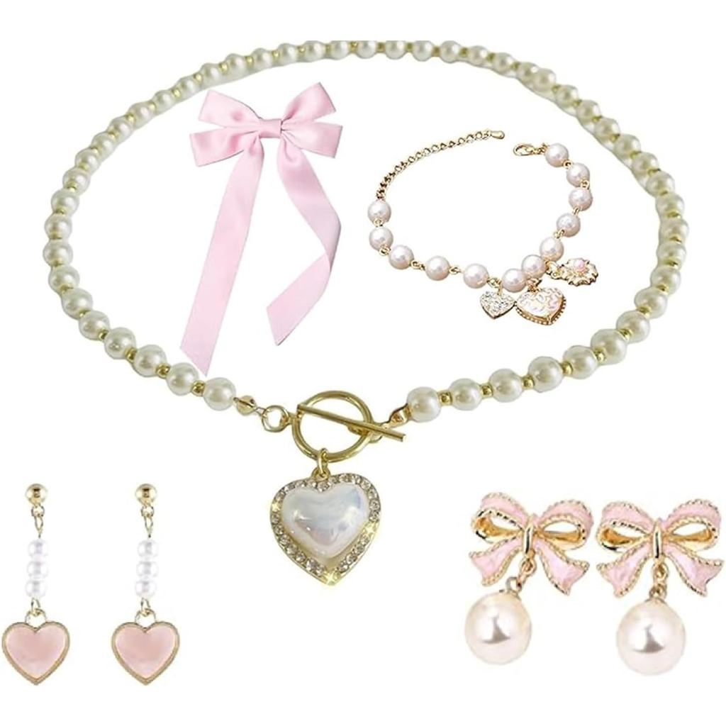 Stocking Stuffers for Women - Coquette Jewelry Set Bow Earrings Pink Bows for Hair Pearl Necklace Tr