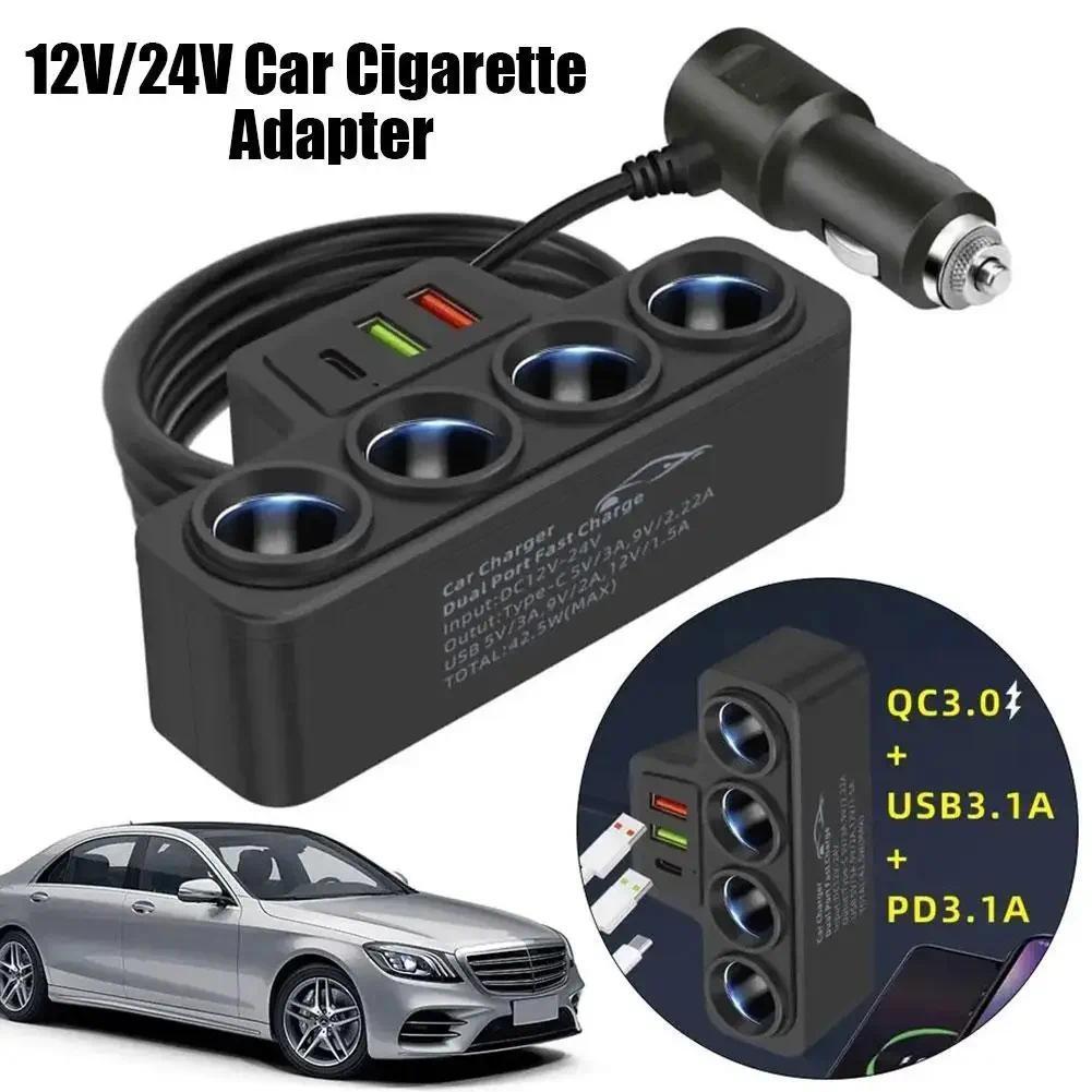12V / 24V รถอะแดปเตอร์ไฟแช็กใหม่ 4 ซ็อกเก็ต 3.1A Charger USB รถ USB + QC3.0 + PD3.1A อุปกรณ์เสริมพอร์ต USB 120W