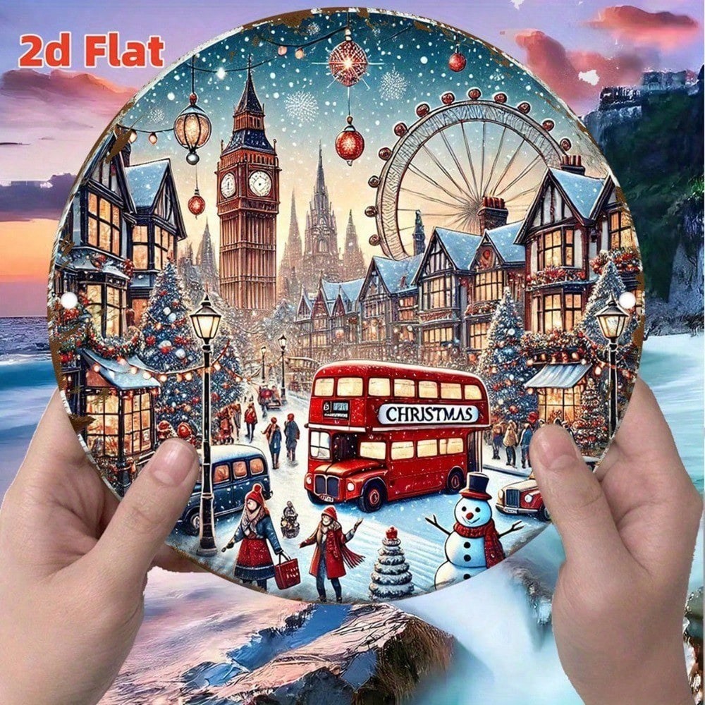 2DVintage London Christmas โลหะดีบุกภาพวาด - Big Ben Red Buses Snowman Weatherproof ในร่มกลางแจ้ง Re