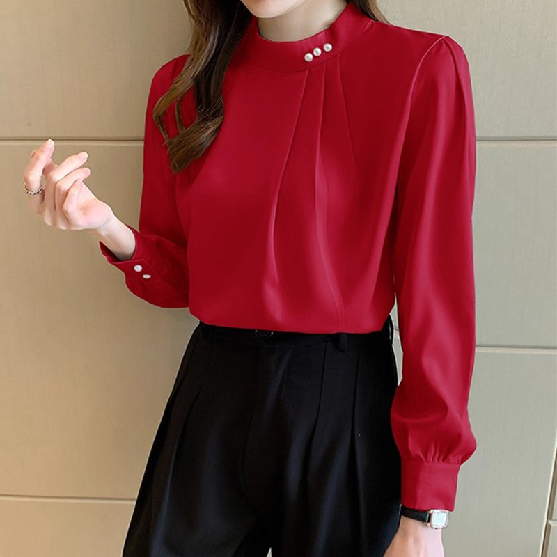 littlebee.shop เชิ้ตแขนยาวผ้าซาตินผู้หญิง ทรงหลวม ดีไซน์ลูกปัด 4 สี #99295