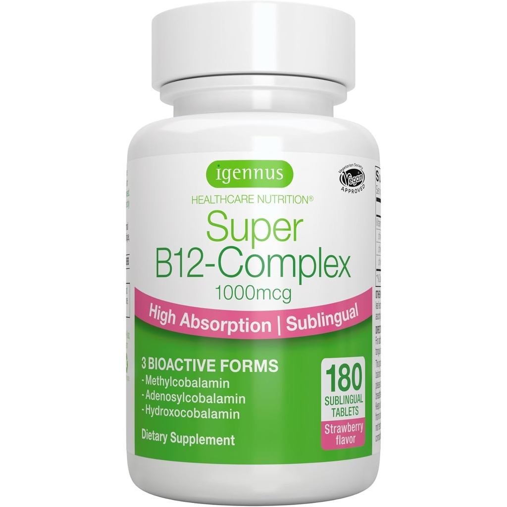 Igennus Sublingual Vitamin B12 Complex 1000mcg, Methylated Methylcobalamin, Adenosylcobalamin & Hydroxocobalamin, การดูดซึมสูง & Clean, 180 เสิร์ฟ, Sugar-Free & Vegan