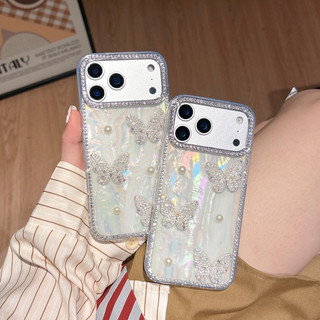 3Dวางมุกผีเสื้อน้ําเพชรขอบเคสแข็งสําหรับiPhone 11 12 13 14 15 16 17 Pro Max Plus Airปลอกส่วนบุคคลเคสโทรศัพท์สําหรับiPhone15Promaxฝาครอบ