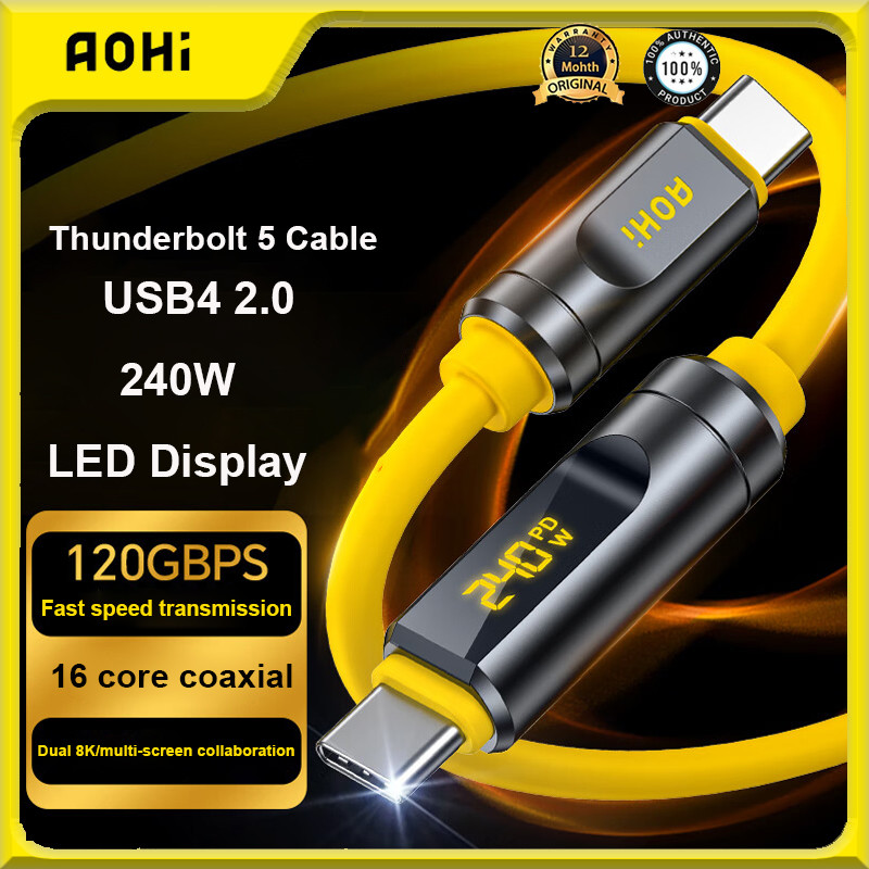 AOHI อนาคต อิเหนา Thunderbolt 5 สาย 240W USB4 2.0 พร้อมจอแสดงผล LED สาย USB-C ถึง USB-C