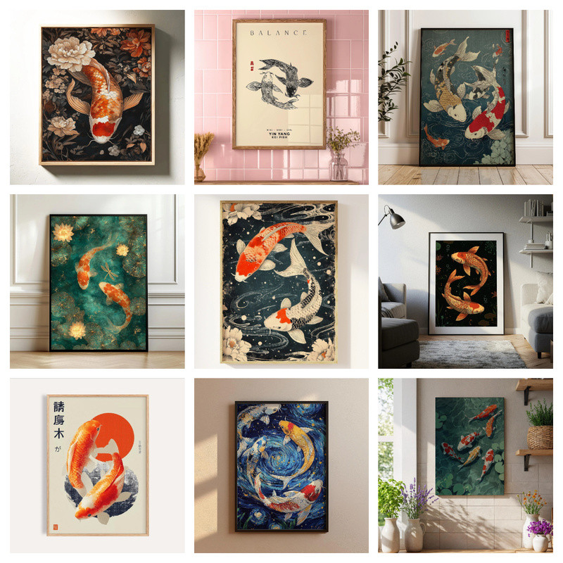 Koi Fish Wall Art โปสเตอร์ญี่ปุ่นZen Koi Fish ภาพวาดผ้าใบแบบดั้งเดิมเอเชียตกแต่งงานศิลปะที่มีสีสัน K