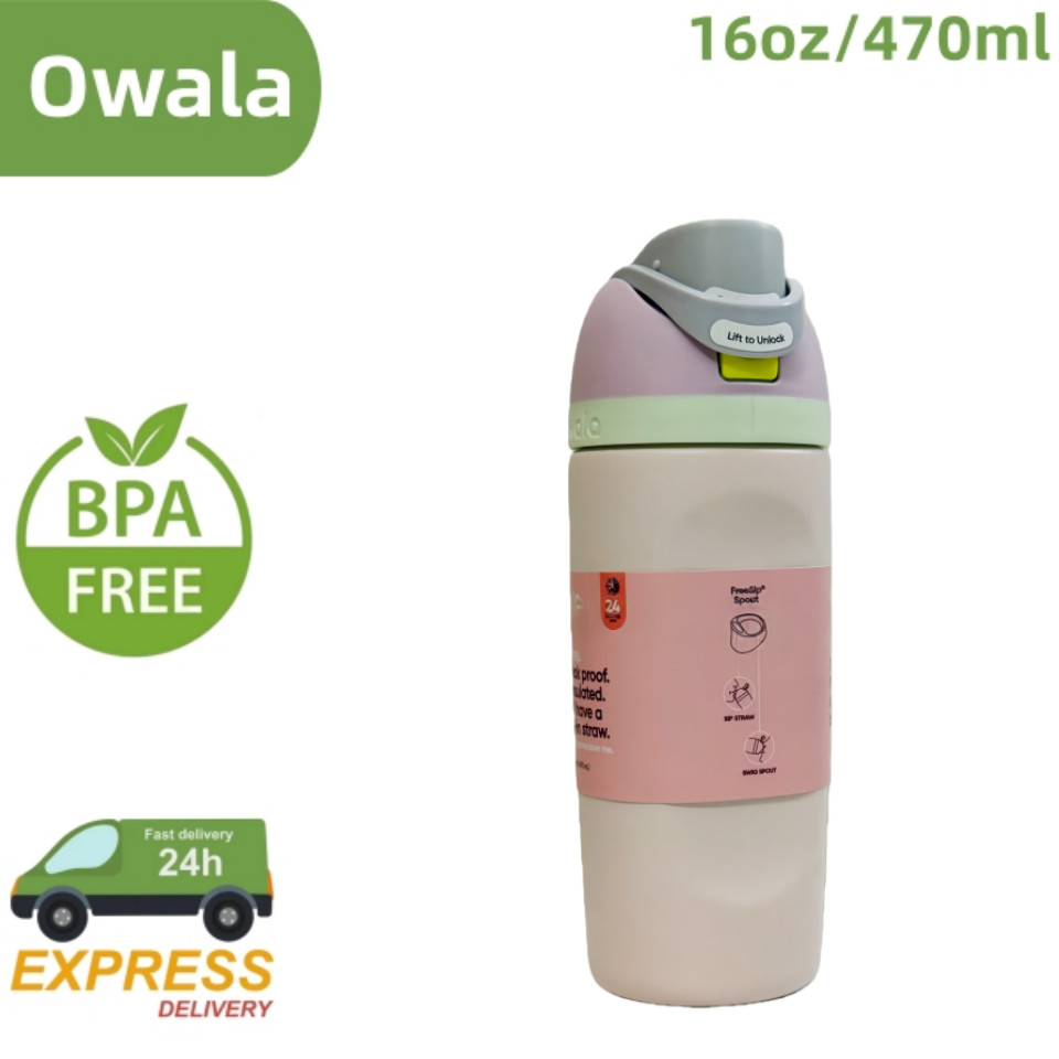 ขวดน้ํา Owala FreeSip 16oz - ขวดเด็กและวัยรุ่นหุ้มฉนวนพร้อมฝาปิดหลอด 2-in-1 และ Chug ป้องกันการรั่วซึมสําหรับโรงเรียน ปลอดสาร BPA