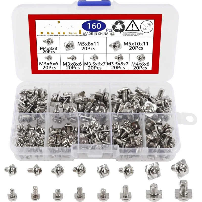 160Pcs M3 M3.5 M4 M5 Terminal Block Screws Assortment Kit with Square Washers Nickel Plated Carbon S