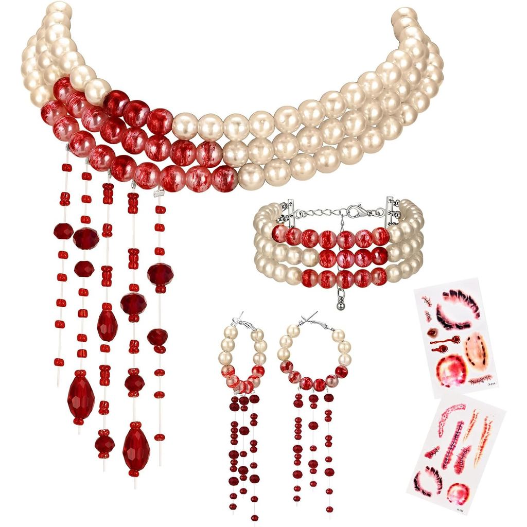 VNOX Halloween Vampire Costume for Women - 2 PCS Dripping Blood Pearl Necklace Jewelry Set,Imitation