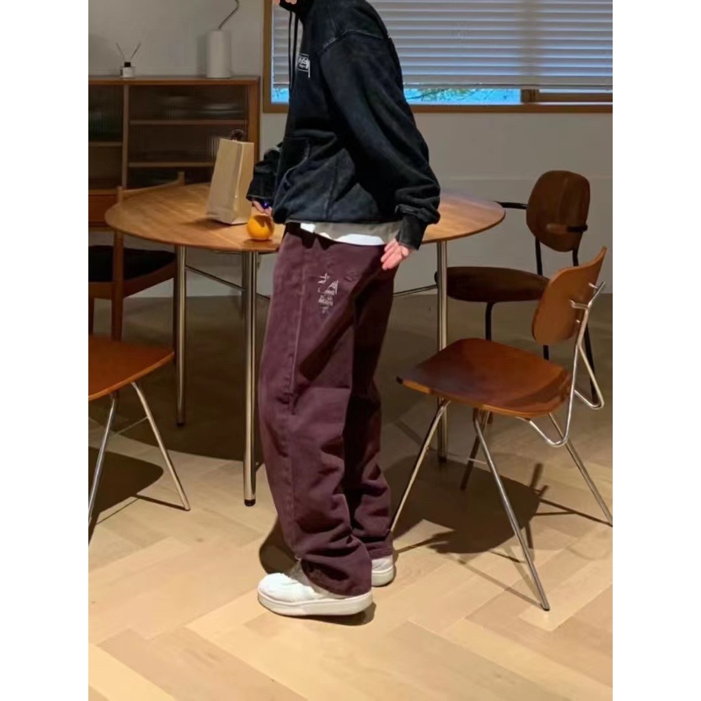 MV4I stu สีดําแปดปัก Heavy Wash กางเกงยีนส์ผู้ชายเรียวกางเกงลําลองตรง