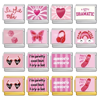 สร้อยข้อมือสไตล์อิตาเลียนสีชมพู พิมพ์บนเหล็กไทเทเนียม สำหรับ…