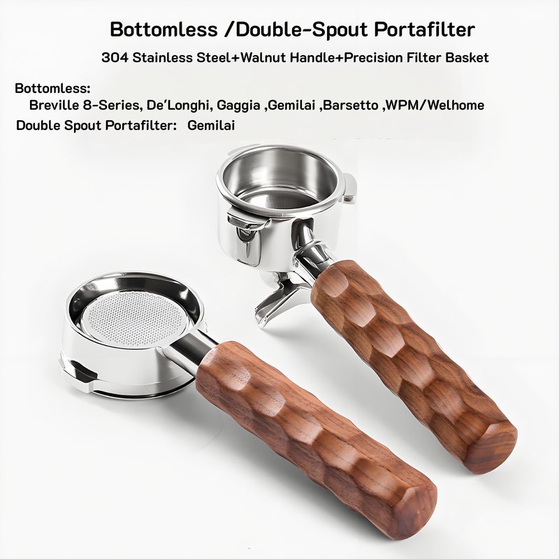 Breville 8-Series, De'Longhi, Gaggia, Gemilai, Barsetto, WPM / Welhome  Bottomless /Double-Spout Portafilter หัวจับเครื่องชงเอสเปรสโซ่แบบไม่มีก้น/แบบมีก้น‌ ‌ไม้ Walnut ล่องจี + สแตนเลสเกรด 304